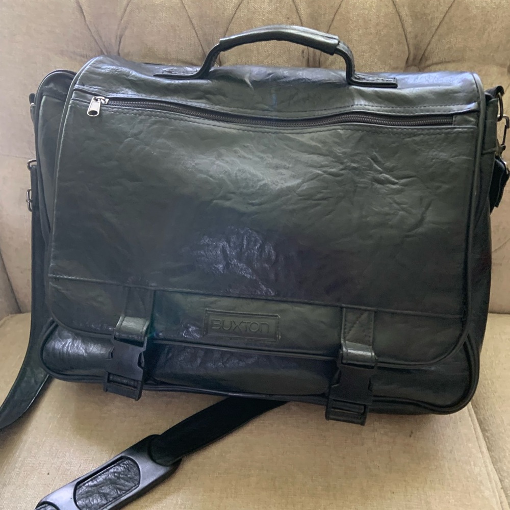 Buxton Black Leather Messenger Briefcase with Top Handle